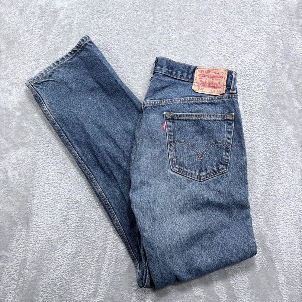 Y2K Levi's 505 Regular Fit Jeans Mens 34x34 Blue‎ Medium Wash Straight Leg Denim